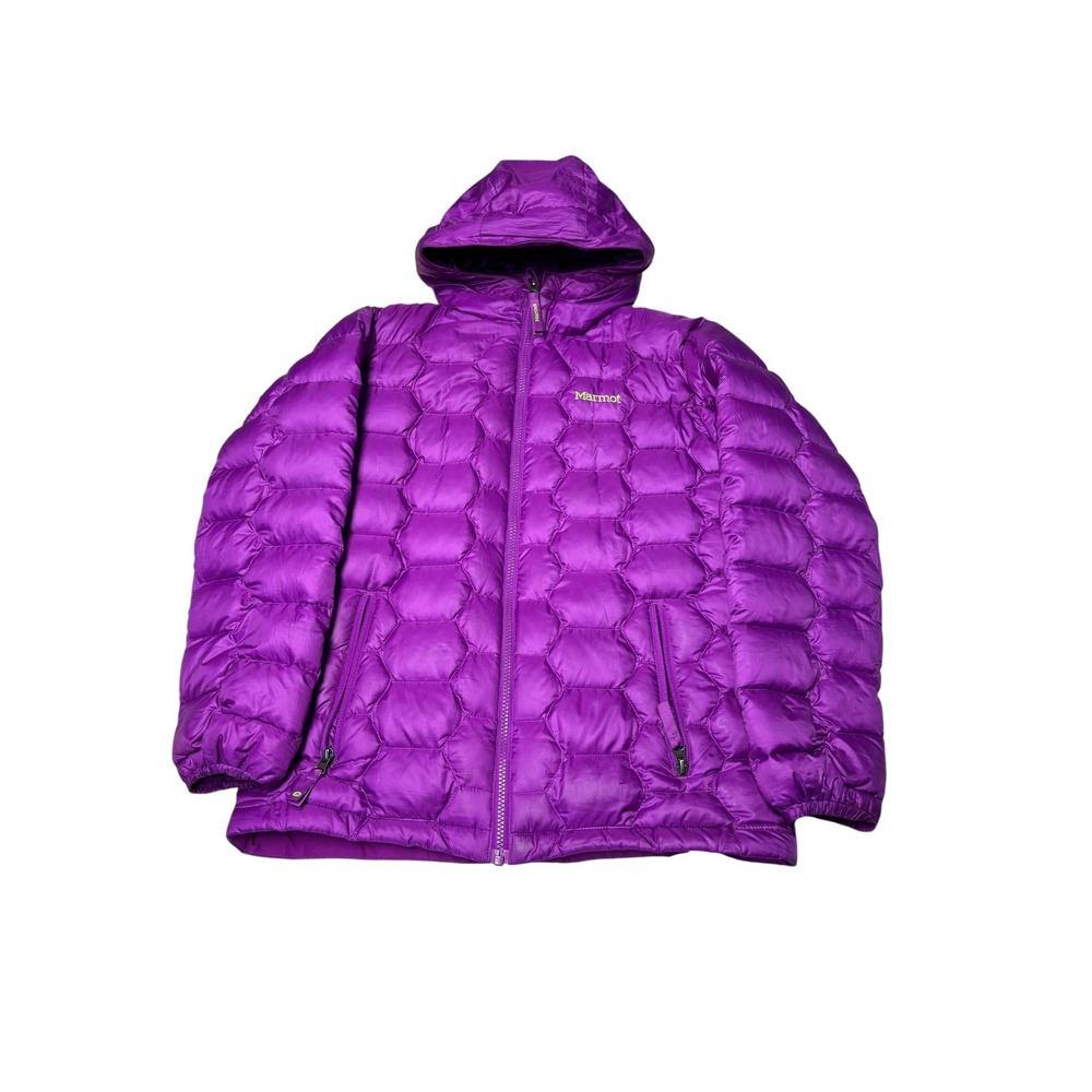 Marmot 700 Fill Down Hooded Puffer Jacket Purple Hexagonal Quilt Youth Size XL